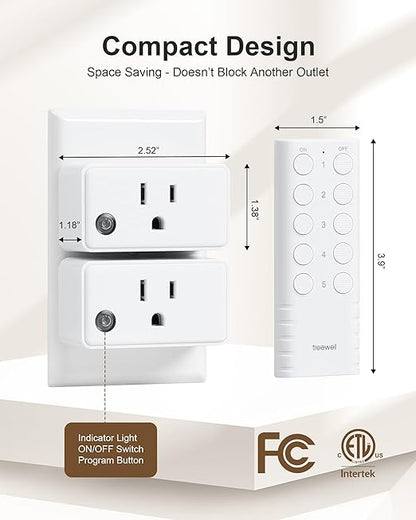 TREEWELL Remote Control Outlet, 200FT Long Range Wireless Light Switch, Mini Remote Outlet Plug, 15A/1875W High-Power for Lamps, Lights, Household Appliances, FCC & ETL Listed (5 Outlets + 2 Remotes)