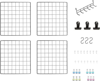 Feadily 4 Pack Metal Grid Wall Board Including 1 Hook Rack, Photos & Pictures Display Board,Photo Wall, Picture Board, DIY Home & Office Wall Decor 13.8 Inch × 13.8 Inch (Black)
