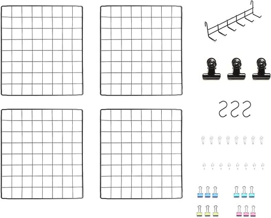 Feadily 4 Pack Metal Grid Wall Board Including 1 Hook Rack, Photos & Pictures Display Board,Photo Wall, Picture Board, DIY Home & Office Wall Decor 13.8 Inch × 13.8 Inch (Black)