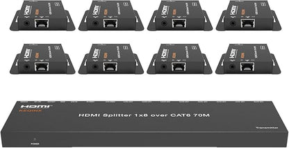 KEQINX 4K 1x8 HDMI Extender Splitter 70m/230ft HDMI Over Ethernet Splitter POC Satellite TV Splitters