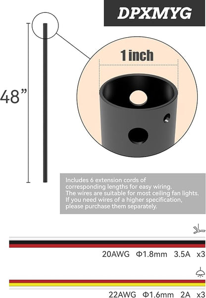 DPXMYG 48 inch Ceiling Fan Downrod with Extension Cord, 4 FT Black Downrod for Ceiling Fan, 1 inch Outside Diameter, Ceiling Fan Boom Suitable for a Wide Range of Fans (Black, Not Threaded)