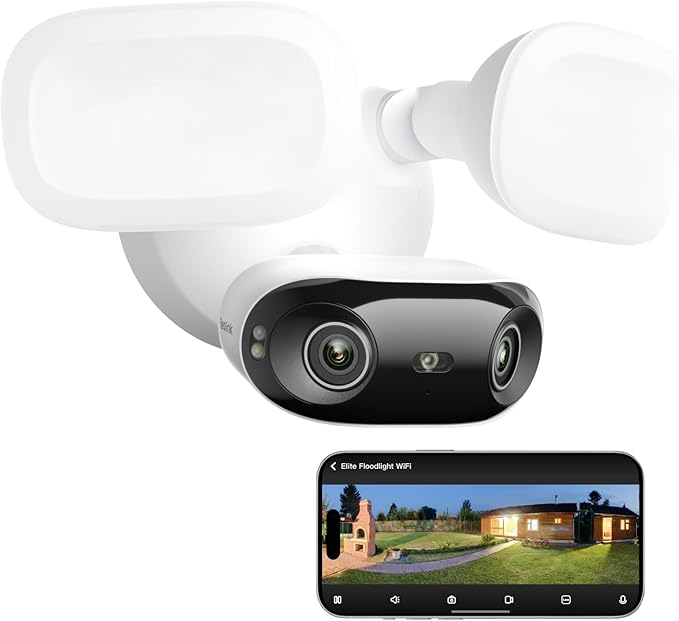 REOLINK Elite Floodlight WiFi, 4K 8MP 180° Panoramic Wired Floodlight Camera, Adjustable 3000 Lumens, Local AI Video Search, Dual-Band Wi-Fi 6, 24/7 Recording, No Monthly Fees, 100~240V AC Hardwired