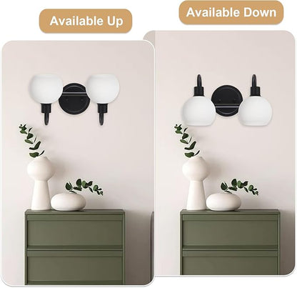 WINSHEN 2-Light Black Bathroom Light Fixture, Milk White Globe Wall Sconce Lamp for Hallway Bedroom Foyer Cabinets, Modern Vanity Lights E26 Socket