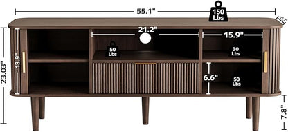 DAMCROP Fluted TV Stand, 55 Inch Mid Century Modern Media Console Table with Sliding Tambour Door Farmhouse Sideboard Buffet Cabinet Fits TVs up to 75 inch, Wood Entertainment Center for Living Room