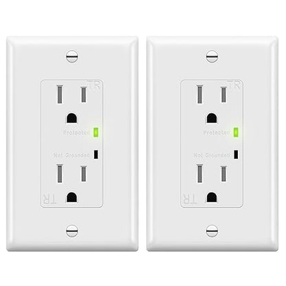 TOPGREENER Decorator Receptacle Outlet w/Surge Protector and Grounding Indicator, Child Safe, Tamper-Resistant, Self-Grounding, 900 Joules, 2-Pole, 15A 125V, UL Listed, TGTRSS215R-2PCS
