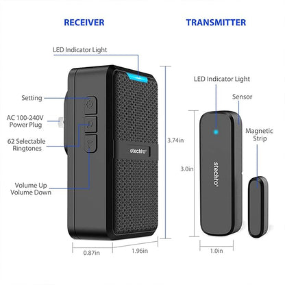 Stechro Door Chime, Wireless Door Open Contact Sensor Alarm with 600ft Range, 62 Chimes 5 Adjustable Volumes for Business/Home/Office/Stores (2 Receivers+3Sensors)