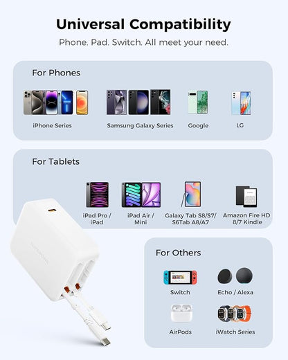 SUPERONE 3 in 1 Retractable Wall Charger with Dual USB C Cables, PD 35W Fast Charging Retractable Phone Charger Wall Plug for iPhone 17/16/15/14/13/12, Pad, Tablet, Samsung, Pixel, and Travel