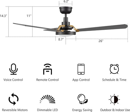 SMAAIR 52 Inch Smart Wifi Ceiling Fans with Dimmable LED Lights and Remote, Compatible with Alexa/Google Home/Siri/APP, Outdoor DC Fans with 10 Speeds, Timer/Schedule,Black/Gold