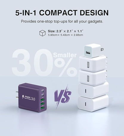 [2-Pack] USB C Wall Charger, 60W Charger Block 5-Port PD Fast Charging Blocks,Multiport 2USB C+3USB A Plug,Type C Power Adapter Brick Cube for iPhone 17/16/15/14/13/Pro,Samsung,for Switch（Purple）
