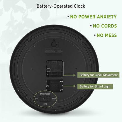 WallarGe Night Light Wall Clock for Bedroom - Silent Lighted up Wall Clock Glow in The Dark, Battery Operated for Living Room/Kitchen, Easy to Read Large Digital Display, 12 Inch