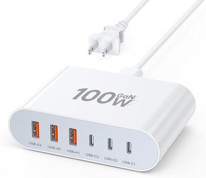 100W USB C Fast Charger Block Compact GaN 6 Port PD USB C and QC USB A Wall Charger Type C Charging Station Hub Adapter Plug Cube Brick for iPhone 17 16 15 14 Pro Max iPad Pro Air Samsung Pixel LG