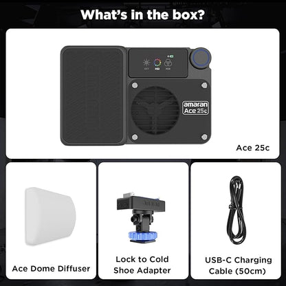Amaran Ace 25c Pocket RGBWW LED Light, Boost Mode Up to 32W, Full-Color Mini Video Light (2,300-10,000K), 1,171 Lux@1m at 5,600K, 4500mAh Battery with PD Fast Charging for Mobile Creators (Charcoal)