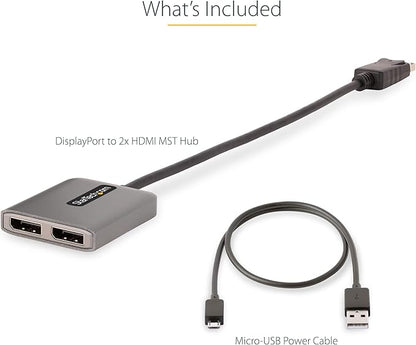 StarTech.com DP to Dual HDMI MST HUB - Dual HDMI 4K 60Hz - DisplayPort Multi Monitor Adapter with 1ft / 30cm Cable - DP 1.4 Multi Stream Transport Hub, DSC | HBR3 - DP to HDMI Splitter (MST14DP122HD)
