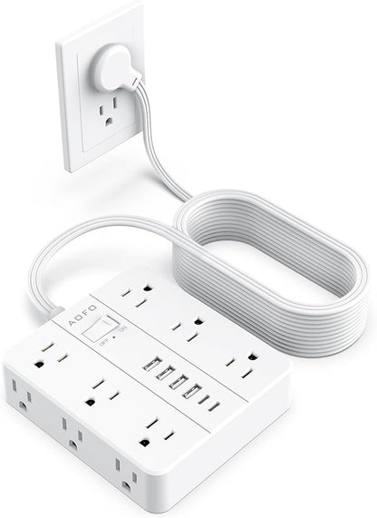 AOFO 20FT Surge Protector Power Strip,12 AC Outlets with 6 USB Ports (2 USB-C), Flat Plug Extension Cord with Multiple Outlets, Wall Mount for Home Office,Dorm, White