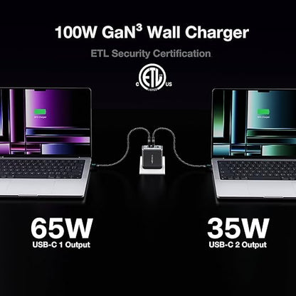 WOTOBEUS USB C GaN Wall Charger Block with ETL, Type-C Laptops Power Adapter PD3.0 100W 65W 20W, Cable with Power Display, for iPhone 17/16/15 Galaxy Pixel Motorola MacBook & Laptops
