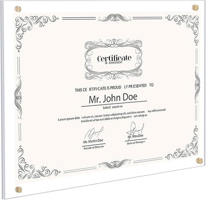 Kalami 11x14 Acrylic Wall Mount Picture Frame Self Adhesive, No Drill Holes Floating Frameless Clear Photo Frame for Diploma Certificate Degree Document Display Gallery Wall-Full Frame is 12x15