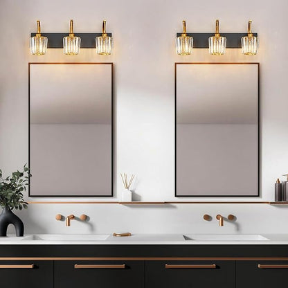 FDPBY Modern Bathroom Vanity Light, 3-Light Black Gold Wall Sconce with Crystal Accents, Over Mirror Bathroom Lighting Fixture, 23.62" Long Dimmable Vanity Lamp for Makeup, Easy Installation