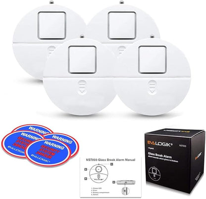 Window Alarm System 4-Pack - Ultra-Loud 120dB Alarms with Advanced Vibration Sensors - Window Security Alarms for Glass Break Detection - Features Low Battery LED Indicator