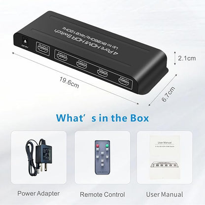 iArkPower 8K HDMI Switch 4 in 1 Out 4K@120Hz HDMI Switcher Support HDR10+, Dolby Vision, Dolby Atmos, VRR, ALLM, CEC