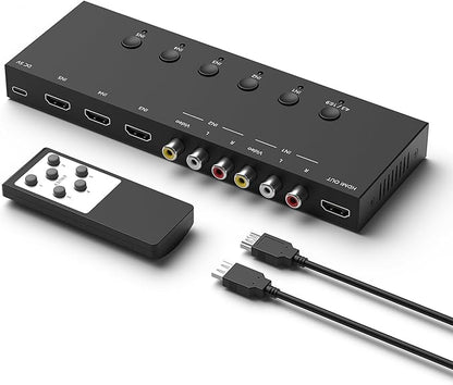 Y.D.F 3 Way HDMI 2.0 Switcher + 2 RCA to HDMI Converter(2 in 1) 2 Way AV Composite CVBS Switch to HDMI Adapter Support 4:3/16:9 Switching for N64 NGC Wii Xbox PS2/3/4/5 Xbox Series/ONE Switch