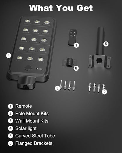 Ofuray Of-15000W Solar Street Lights Outdoor – Super Bright 150 LED, Lights up 3,200 sq.ft with Motion Sensor, 36Ah Power, IP67 Dusk to Dawn Security Commercial Lighting for Court, Parking Lot