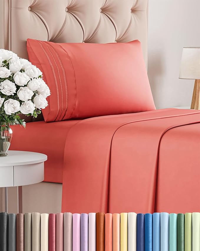 Twin Size 3 Piece Sheet Set - Comfy Breathable & Cooling Bed Sheets Set - Hotel Luxury Bedding for Women, Men, Kids, Teens, Boys & Girls - Deep Pockets, Ultra-Soft and Wrinkle Free - Oeko-Tex - Coral