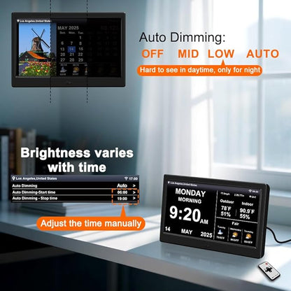 2025 Digital Clock with Weather Forecast & Temperature/Humidity Large Display,Auto Time Sync, Custom Alarms & Medication Reminders, Elderly Memory Loss (Black, 10.1 Inch)