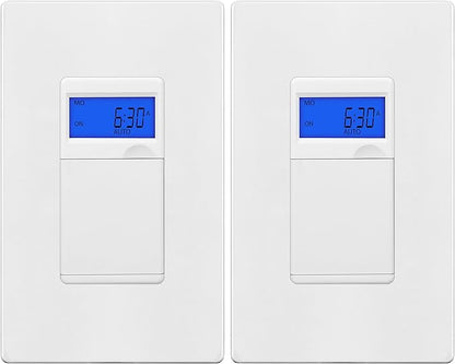 TG 7 Days Digital in-Wall Programmable Timer Switch for Lights, Fans, and Motors, Single Pole, Neutral Wire Required, 18 ON/Off Timer Settings, with Blue Backlight, White, 2 Pack