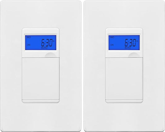 TG 7 Days Digital in-Wall Programmable Timer Switch for Lights, Fans, and Motors, Single Pole, Neutral Wire Required, 18 ON/Off Timer Settings, with Blue Backlight, White, 2 Pack