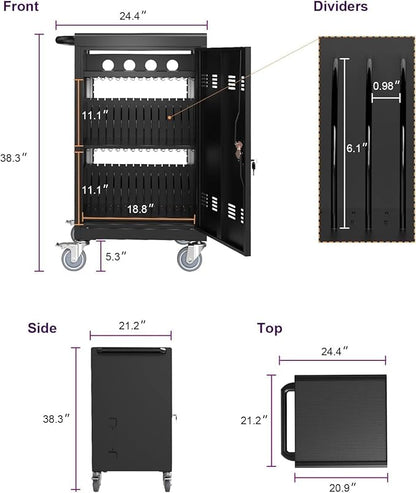 TIOPLY Laptop Charging Cart, 32 Device Tablet Storage Carts for iPad Up to 16.3" Screen Size, Mobile Charging Station for Classroom, with Cord Organizer, Front and Back Access Locking Cabinet Black