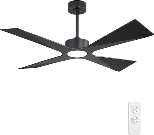 WINGBO 64" Wet Rated Outdoor Ceiling Fan with Lights, 4 ABS Plastic Blades, Reversible DC Motor, 6-Speed Remote Control, 3 CCT, Waterproof Ceiling Fan for Patio Porch Gazebo Garage, Matte Black