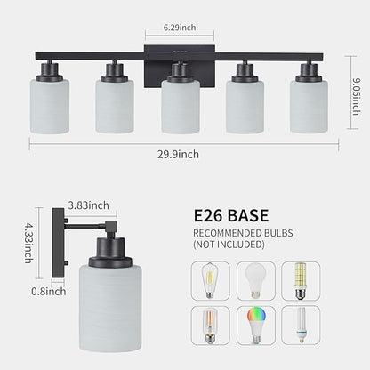 DIKAIDA Bathroom Vanity Light, 5-Light Vanity Lighting Fixture Over Mirror for Bathroom, 30" Matte Black Wall Light Fixture, Wall Sconces with Frosted Glass Shade for Mirror Bedroom Living Room