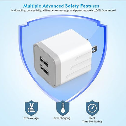 iPhone Charger, 2Pack 2 Port Dual Port USB Cube Wall Charger 2.1A Apple Fast Charging 6FT Nylon Braided Lightning Cable Cord with Plug Compatible with iPhone 14/13/12/11 Pro Max XS XR X 8 7 6S 6 Plus