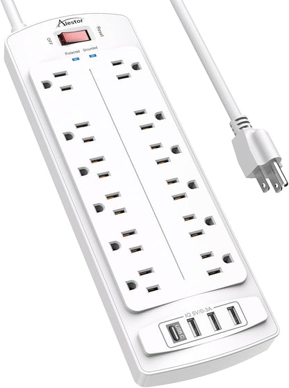 Power Strip,ALESTOR Surge Protector with 12 Outlets and 4 USB Ports, 6 Feet Extension Cord (1875W/15A) for for Home, Office, Dorm Essentials, 2700 Joules, ETL Listed (White)