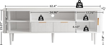 DAMCROP TV Stand 62.4 Inch Mid Century Modern Media Console Table with Drawer Sliding Tambour Door Farmhouse Sideboard Buffet Cabinet Fits TVs up to 75 inch Fluted Wood Entertainment Center(White)