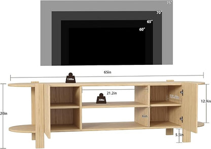 ZOSQUARE 65 Inch TV Stand for Up to 75 inch TVs, Fluted Entertainment Center with Adjustable Shelve, Curved Round Corner TV Console Table with Storage Cabinet for Living Room, Bed Room (Natrual Wood)