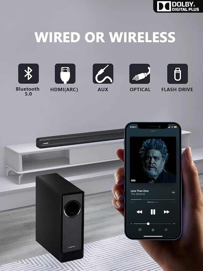 5.1 CH Surround Sound Bar with Dolby Audio, Sound Bars for TV, Wireless Subwoofer & Rear Speaker, Dolby Digital Plus, Bluetooth 5.3, Surround Sound System for Home Theater, 4K & HD TVs| HDMI & Optical