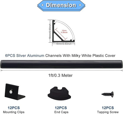 VST LED Channel, V Shape Led Diffuser Channel, LED Aluminum Channel with Black Cover, End Caps and Mounting Clips for LED Strip Light in Home Lighting(6pack 1 ft)