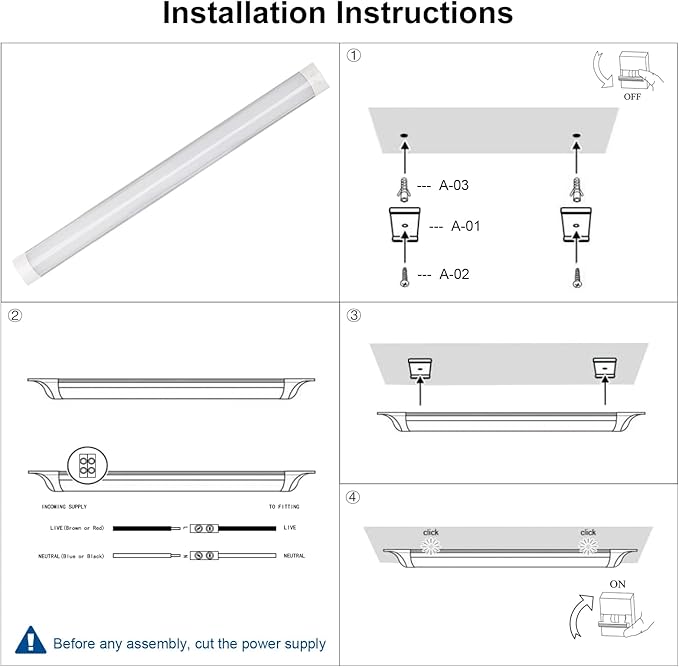 colmeguna 4 Packs 4FT LED Batten Light, Ultra-Thin Ceiling Surface Mounted Light, 40W, 4000K, IP20, LED Ceiling Lamp for Garage, Shop, Hallway, Office, Market, ver2