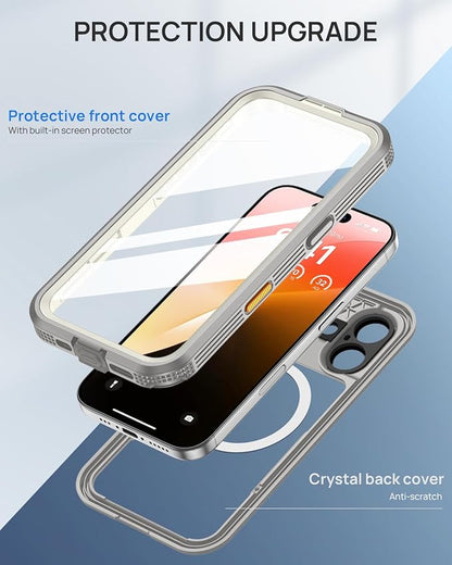 Lanhiem Magnetic for iPhone 16 Case, IP68 Waterproof Dustproof Case, [Compatible with Magsafe] [Built-in Screen Protector] Full Body Heavy Duty Rugged Phone Cover 6.1 inch, Natural