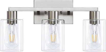 SOPEAS 3-Light Vanity Lights,Brushed Nickel Vanity Light,with Clear Glass Shade for Bathroom Light Fixtures, Bathroom Light Fixtures Over Mirror