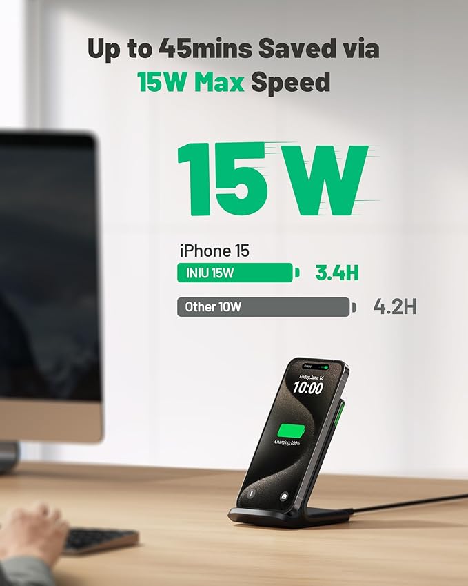 [2-Pack] Wireless Charger, INIU 15W Qi-Certified Fast Wireless Charging Stand with Sleep-Friendly Adaptive Light Compatible with iPhone 16 15 14 13 12 Pro Max Plus Samsung Galaxy S22 S21 Note 20 etc