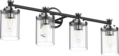 PHIXART Bathroom Lighting Fixtures Black and Chrome Bathroom Vanity Light with Cylindrical Clear Stripes Glass Lampshade E26 Socket Base Bathroom Lighting Fixtures Over Mirror (4 Lights)