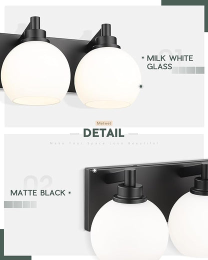 METWET Bathroom Light Fixtures, 4 Light Matte Black Vanity Light, 26 Inch Modern Wall Sconces with Globe Milk White Glass Shade, Vanity Lighting Fixtures Over Mirror, VL195-MB-ML-4
