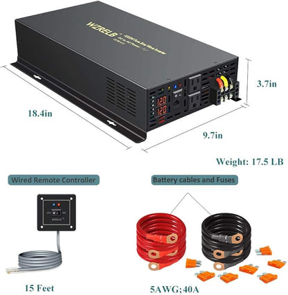 WZRELB 4000W 12VDC 120VAC Pure Sine Wave Power Inverter, 2 AC Outlets, Wired Remote Control, RV (RBP-400012WR)