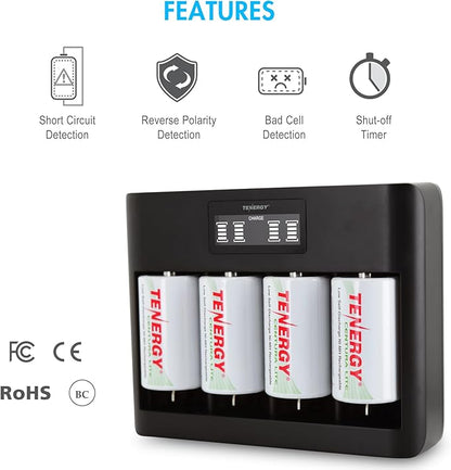 Tenergy 4 Pack Centura Lite D Size Batteries and TN486U 5-Bay Universal Battery Charger with LCD, Micro USB/Type C Input