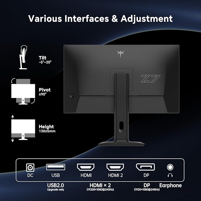 KTC 27 Inch Gaming Monitor 240Hz, FHD 1080p Fast IPS Computer Monitor with Adaptive Sync, HDR, Height Pivot Tilt Adjustable, Vesa Mount, HDMI/DP/USB, H27F7