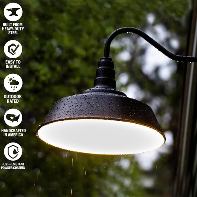 Steel Lighting Co. Large Outdoor Barn Light | Gooseneck Light Fixture | Made in America from 18-Gauge Steel | 20" Dome | Upward Sloping Gooseneck Navy Blue Exterior/Brass Interior