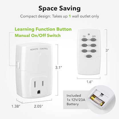 BN-LINK Mini Wireless Remote Control Outlet Switch Power Plug in for Household Appliances, Wireless Remote Light Switch, LED Light Bulbs, White (1 Remote + 3 Outlet) 1250W/10A