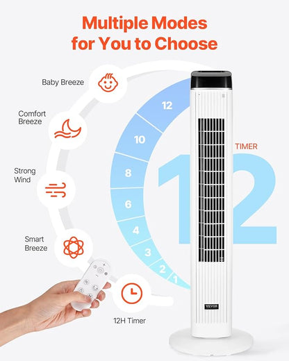 VEVOR Tower Fan, 22 ft/s Velocity Quiet Floor Fan, 70° Oscillating Fans for Indoors with 3 Speeds, 4 Modes, 12H Timer, Portable Standing Bladeless Fan with Remote Control for Bedroom, Office, Home